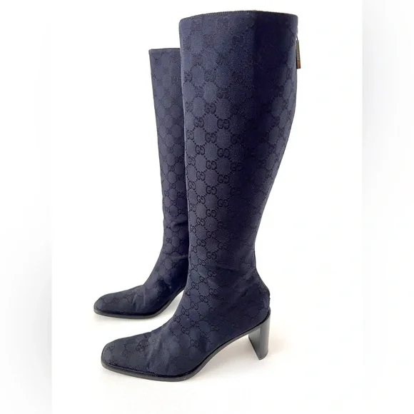 GUCCI || Vintage Y2K GG Monogram Canvas Square Toe Block Heel Knee High Boots - Picture 2 of 16